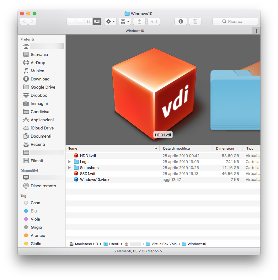 Contenuto Cartella Dati VirtualBox
